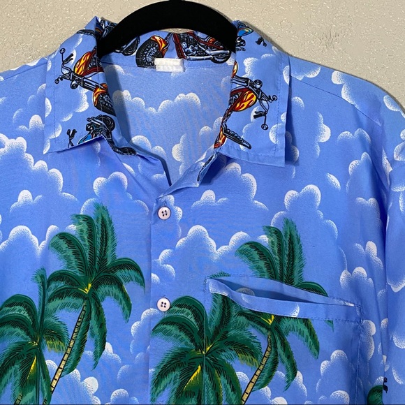Vintage 90’s Motorcycle Blue Hawaiian Shirt Medium - Picture 4 of 6